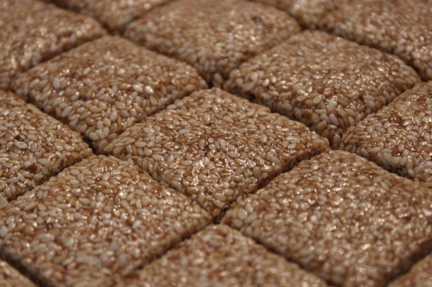 Pasteli Bar sesame squares right after being made